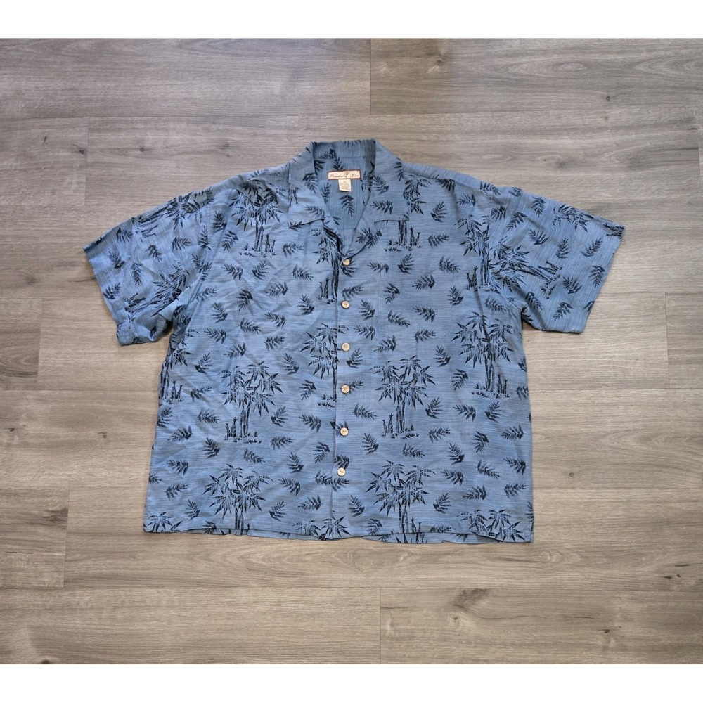 Paradise Blue Shirt Mens 2X Blue Linen Palm Hawaiian Aloha Camp Button Up